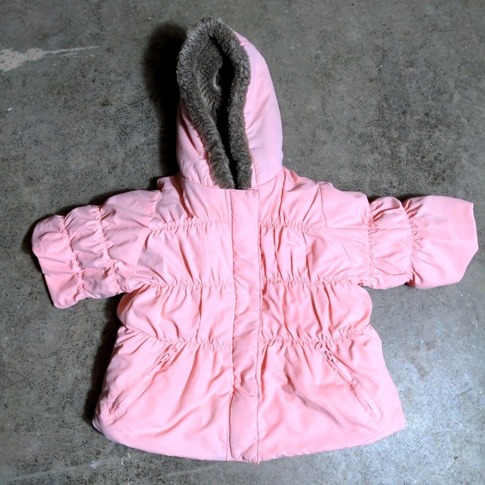 Kenneth Cole Reaction Pink Puffer Jacket Faux Fur Hood 24M Excellent Streetwear